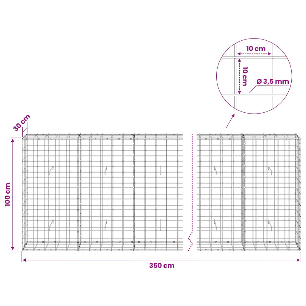 vidaXL Gabion z drutu 3,5 mm i siatką 10x10 cm 350x30x100 cm