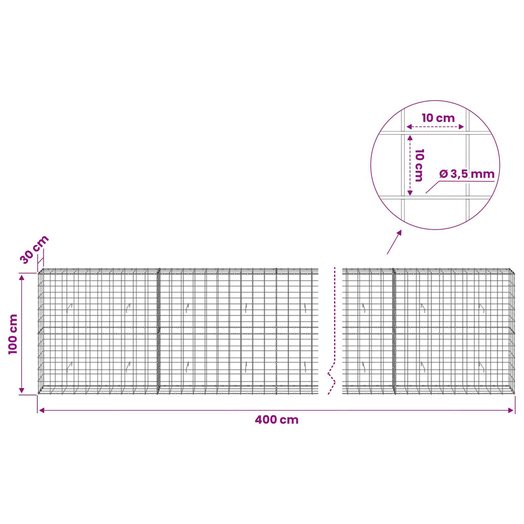 vidaXL Gabion z drutu 3,5 mm i siatką 10x10 cm 400x30x100 cm