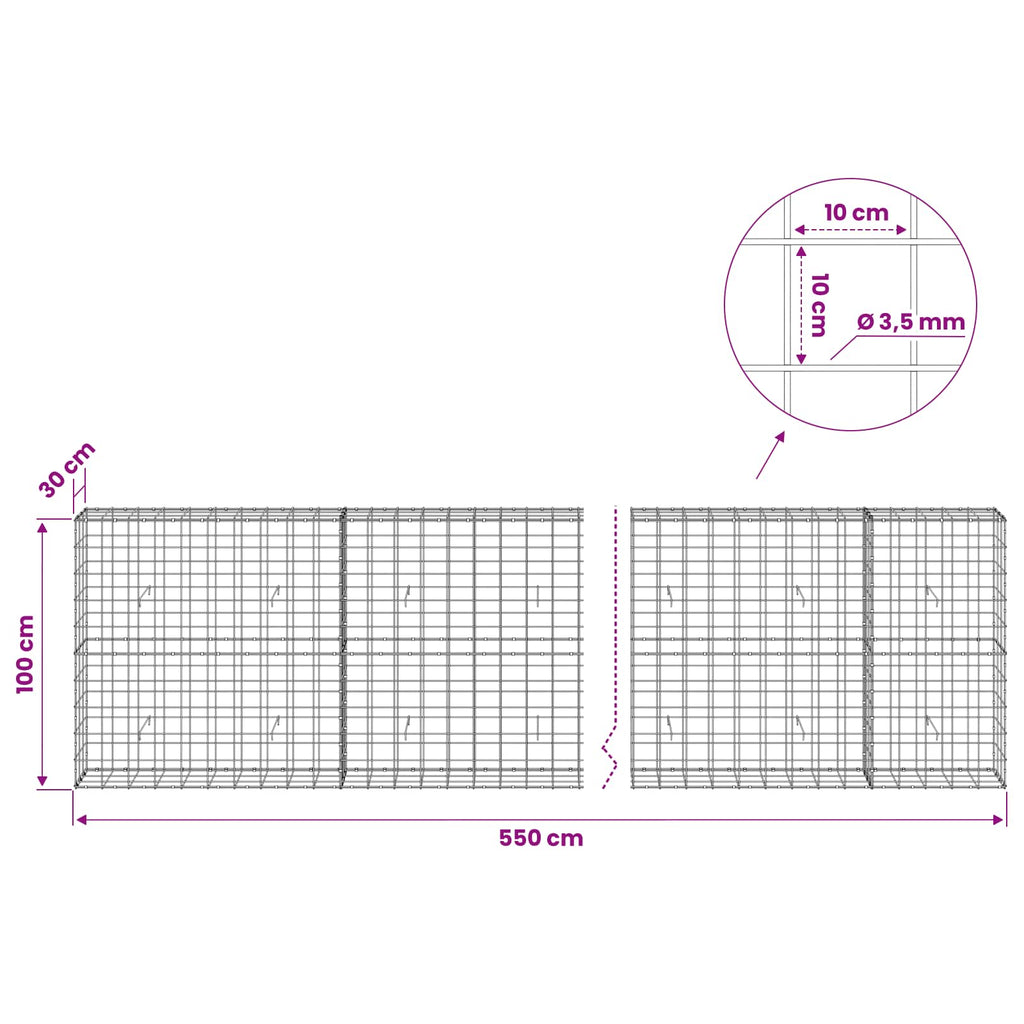 vidaXL Gabion z drutu 3,5 mm i siatką 10x10 cm 550x30x100 cm