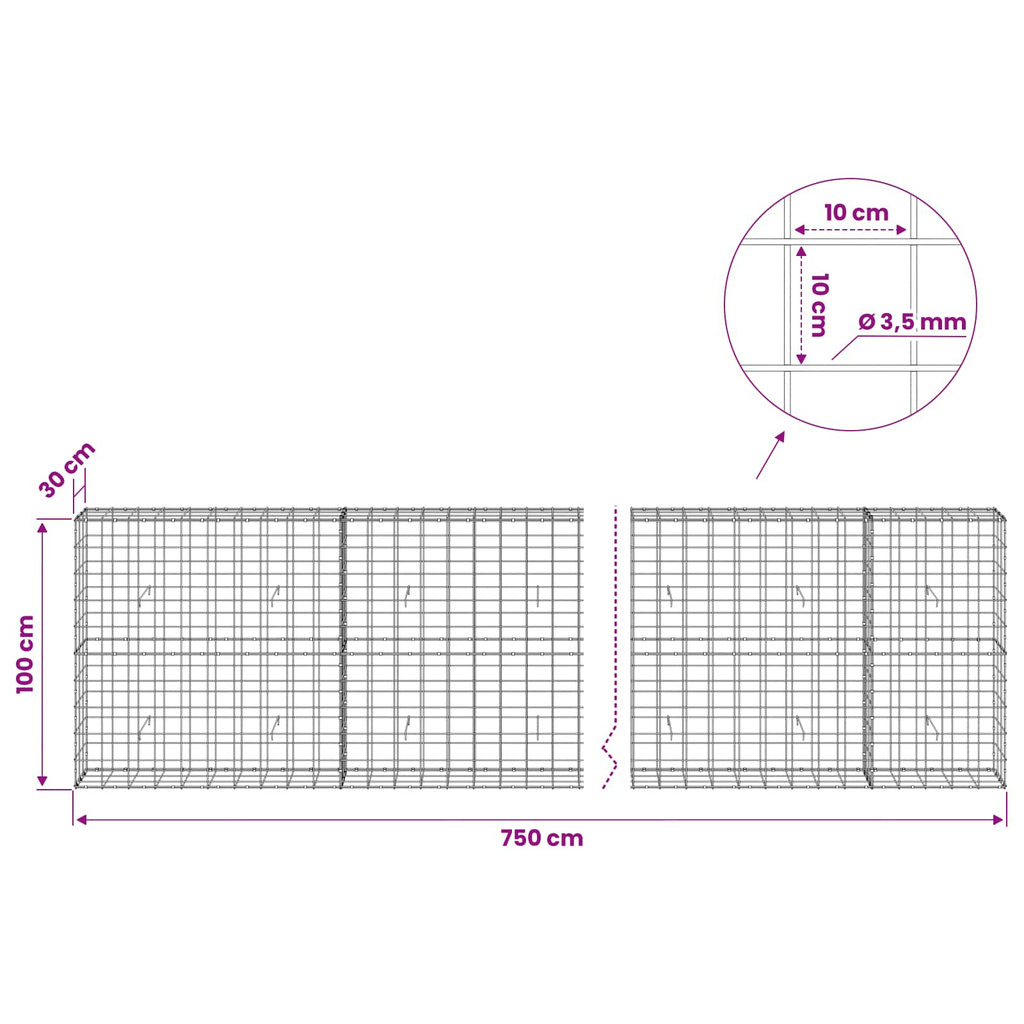 vidaXL Gabion z drutu 3,5 mm i siatką 10x10 cm 750x30x100 cm