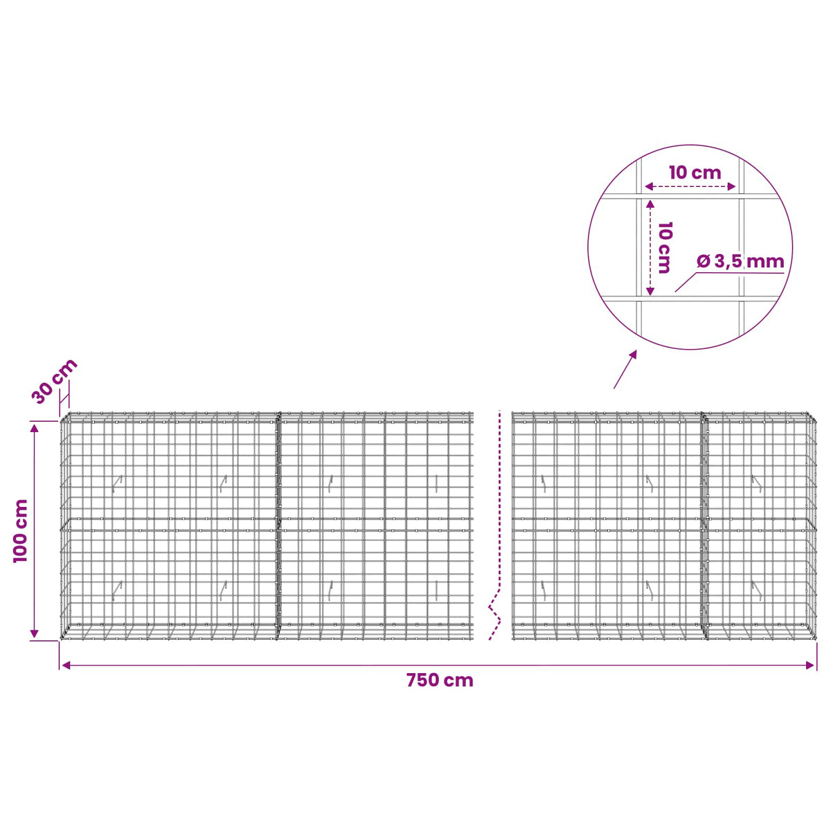 vidaXL Gabion z drutu 3,5 mm i siatką 10x10 cm 750x30x100 cm