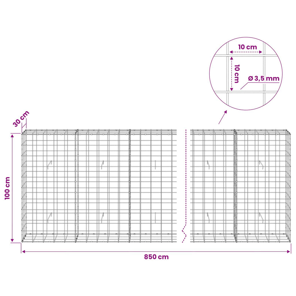 vidaXL Gabion z drutu 3,5 mm i siatką 10x10 cm 850x30x100 cm