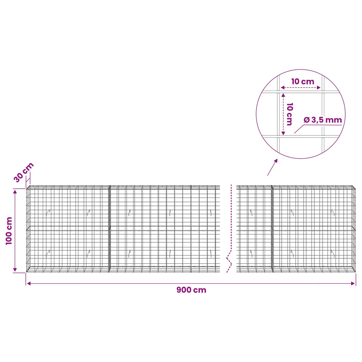 vidaXL Gabion z drutu 3,5 mm i siatką 10x10 cm 900x30x100 cm