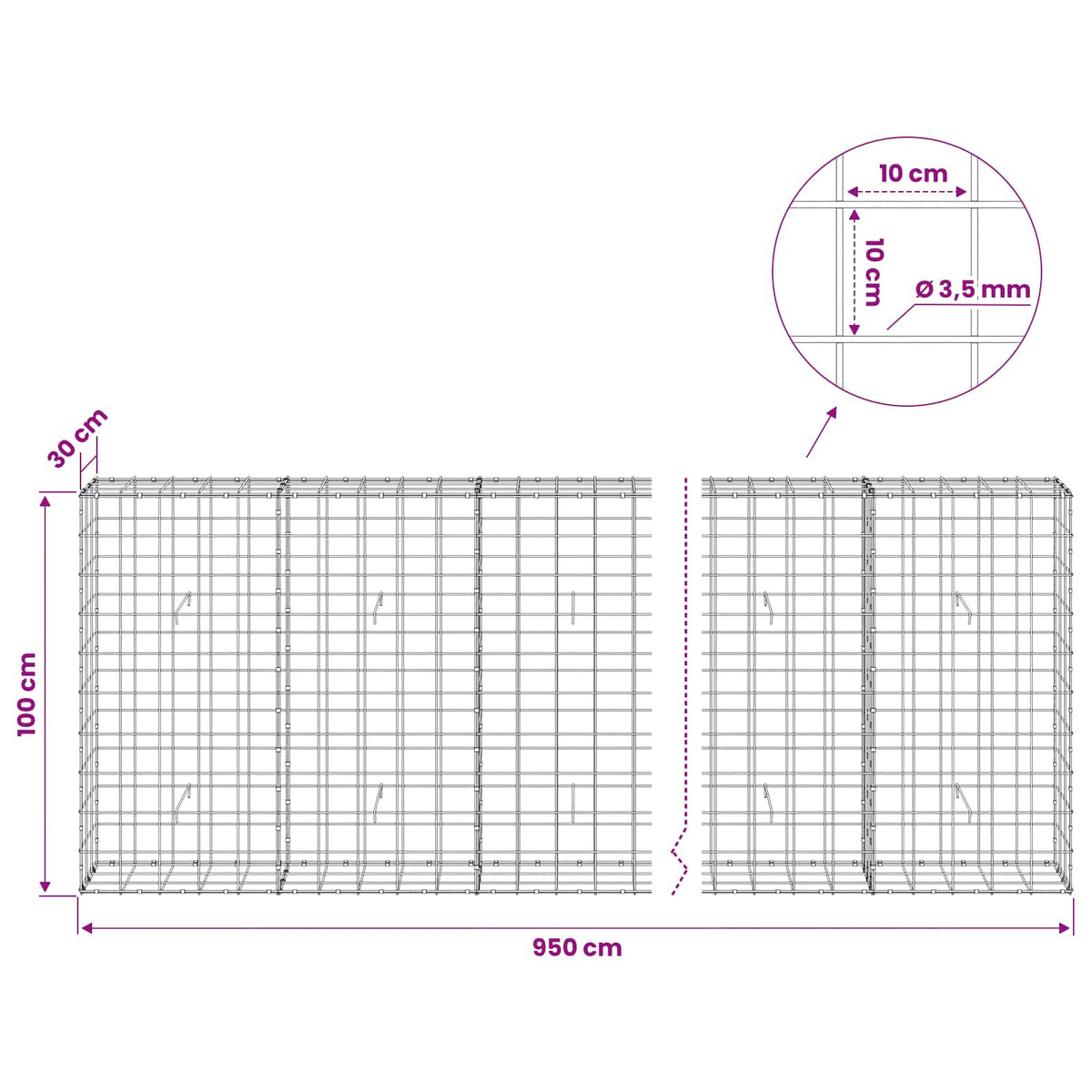 vidaXL Gabion z drutu 3,5 mm i siatką 10x10 cm 950x30x100 cm