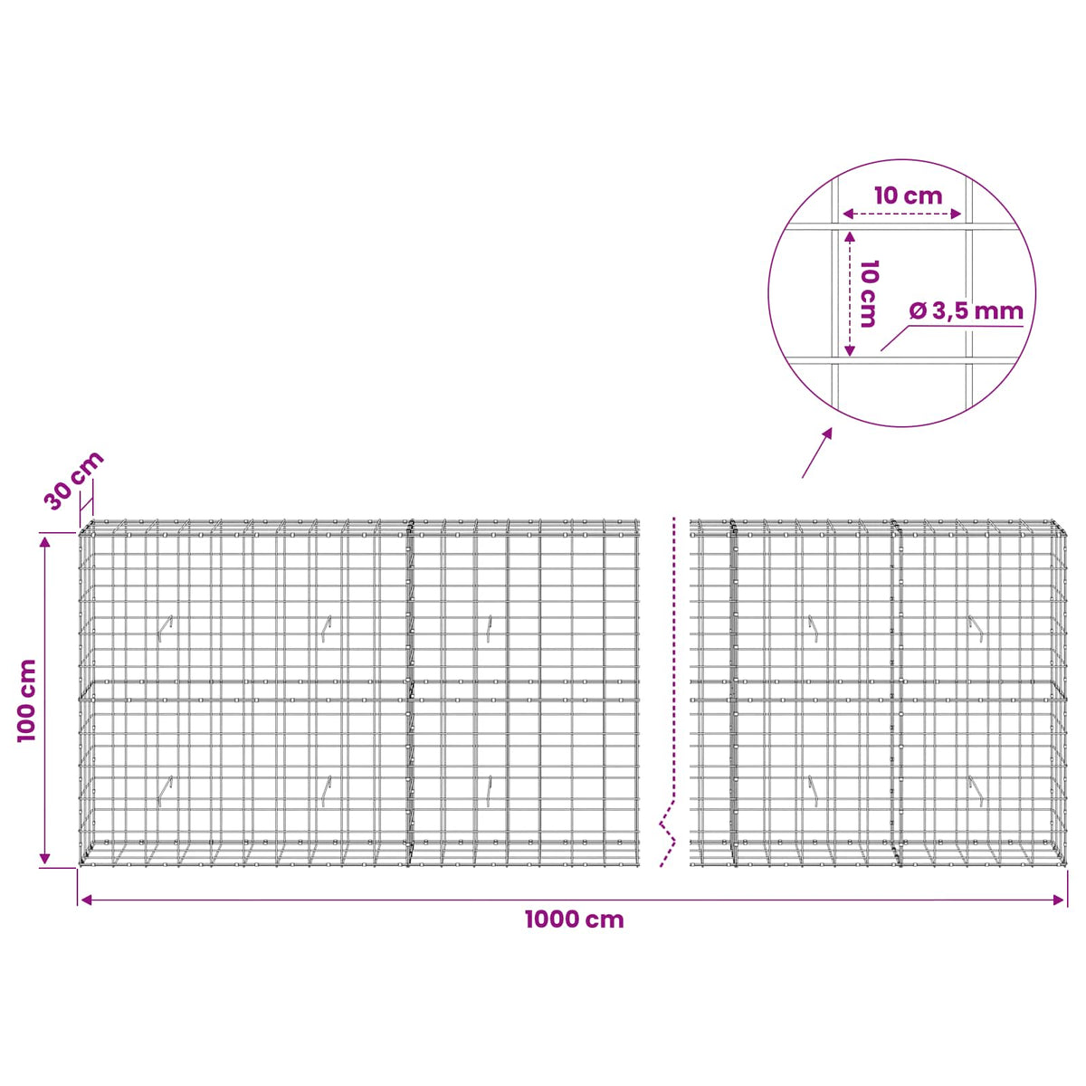 vidaXL Gabion z drutu 3,5 mm i siatką 10x10 cm 1000x30x100 cm