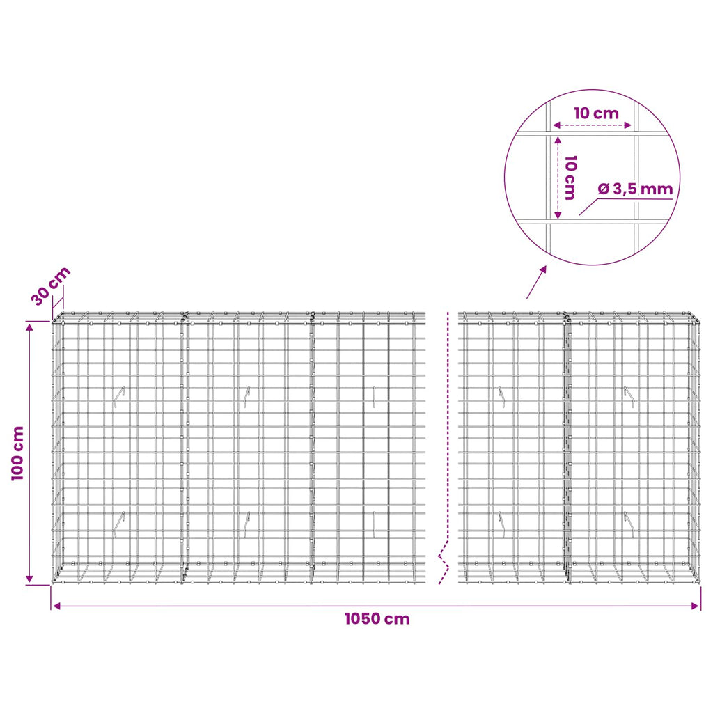 vidaXL Gabion z drutu 3,5 mm i siatką 10x10 cm 1050x30x100 cm