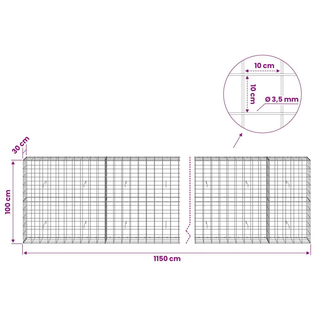 vidaXL Gabion z drutu 3,5 mm i siatką 10x10 cm 1150x30x100 cm