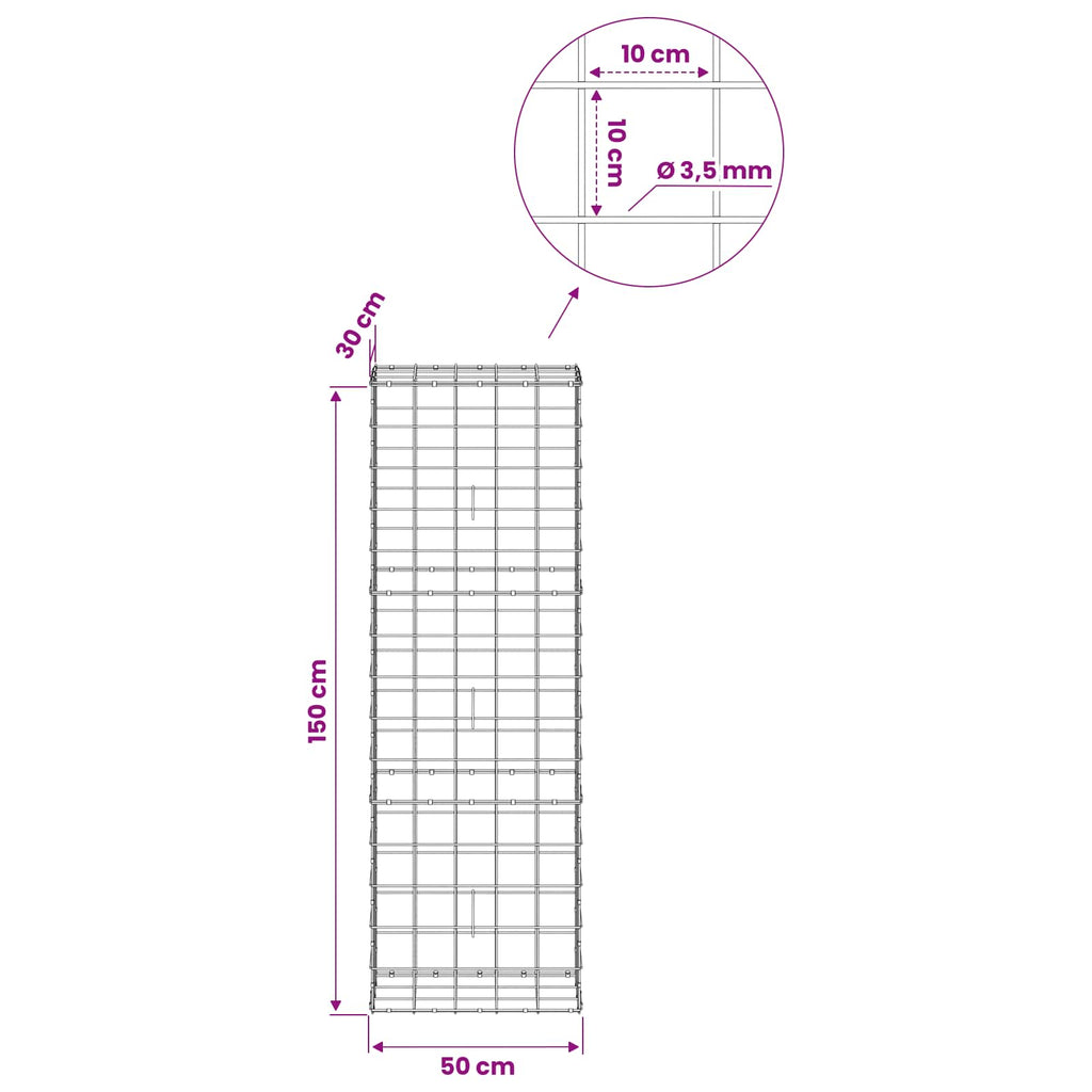 vidaXL Gabion z drutu 3,5 mm i siatką 10x10 cm 50x30x150 cm