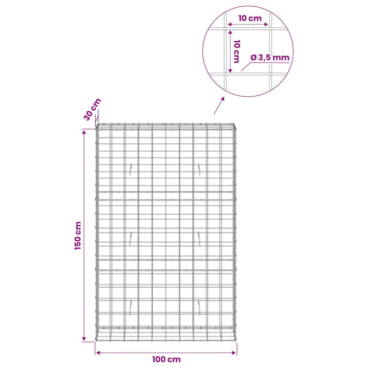 vidaXL Gabion z drutu 3,5 mm i siatką 10x10 cm 100x30x150 cm