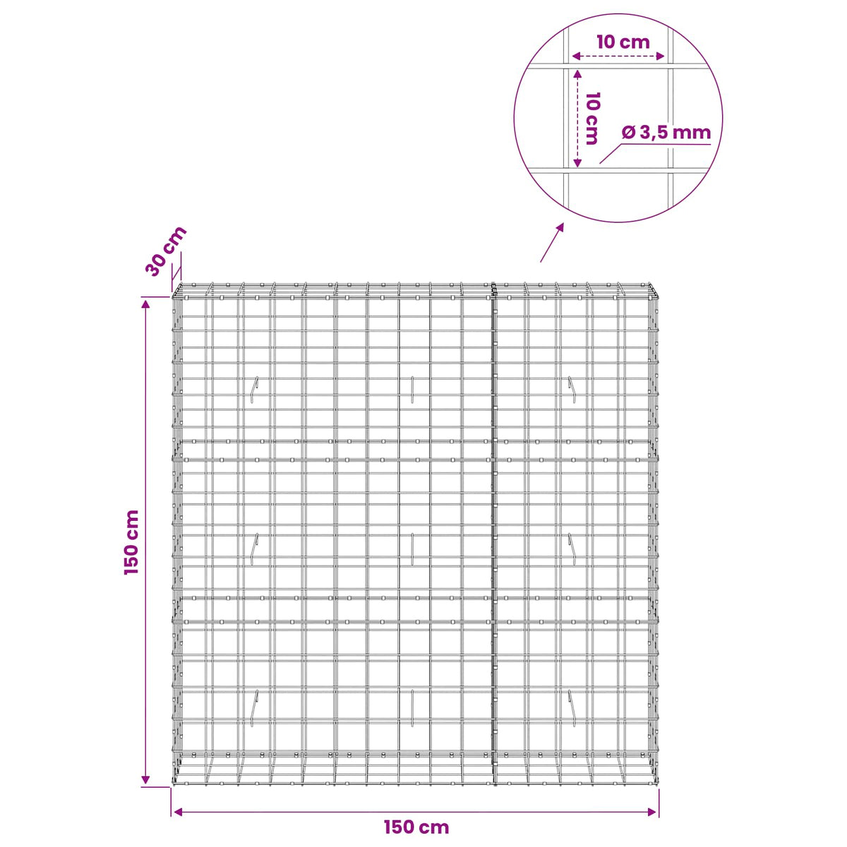 vidaXL Gabion z drutu 3,5 mm i siatką 10x10 cm 150x30x150 cm
