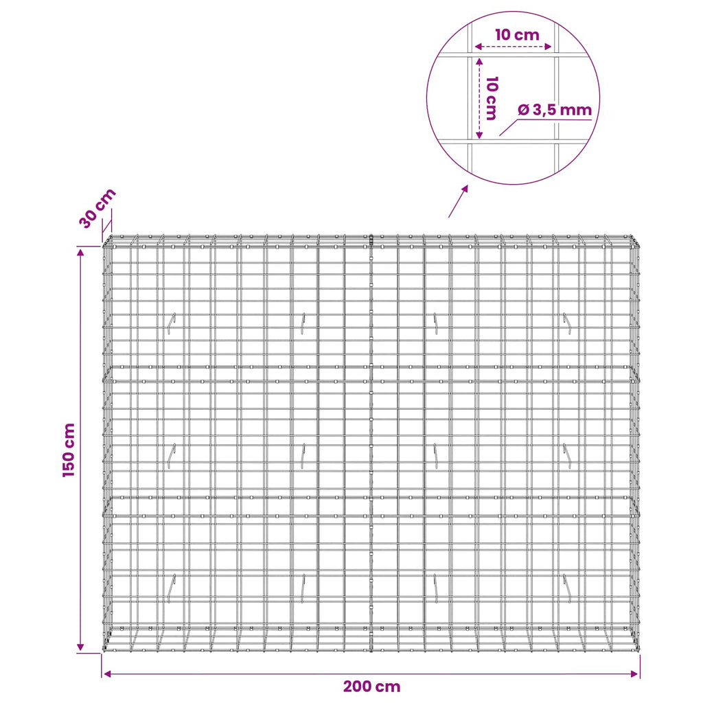 vidaXL Gabion z drutu 3,5 mm i siatką 10x10 cm 200x30x150 cm