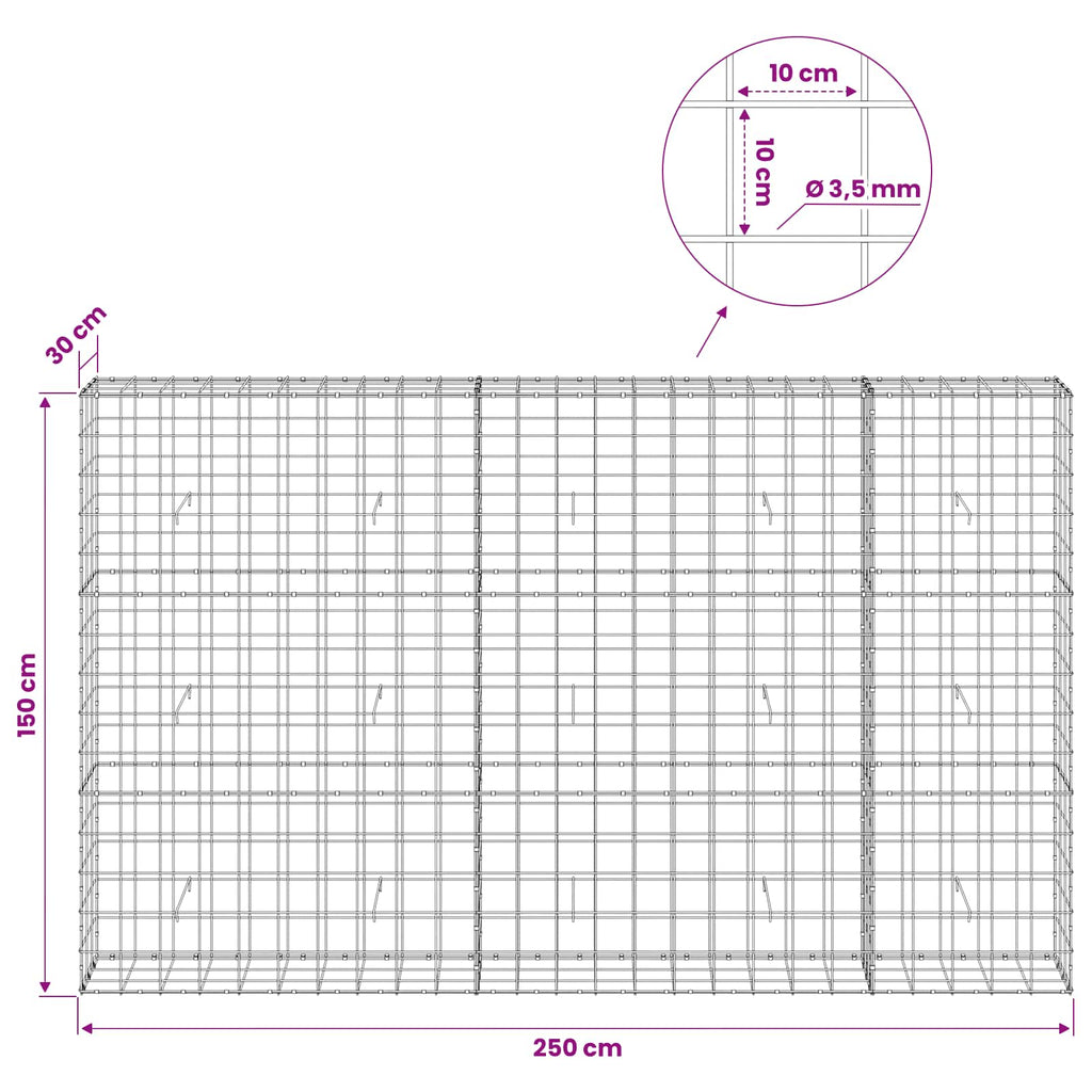 vidaXL Gabion z drutu 3,5 mm i siatką 10x10 cm 250x30x150 cm