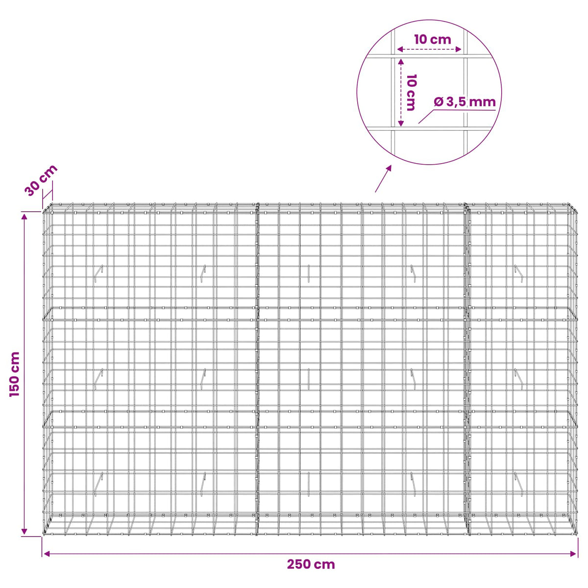 vidaXL Gabion z drutu 3,5 mm i siatką 10x10 cm 250x30x150 cm