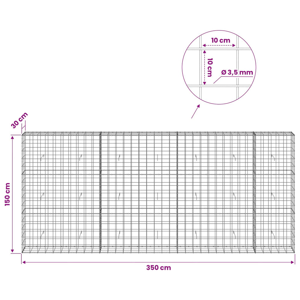 vidaXL Gabion z drutu 3,5 mm i siatką 10x10 cm 350x30x150 cm