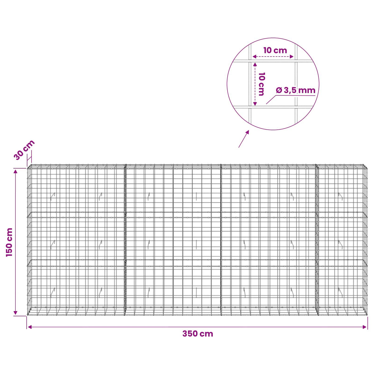 vidaXL Gabion z drutu 3,5 mm i siatką 10x10 cm 350x30x150 cm