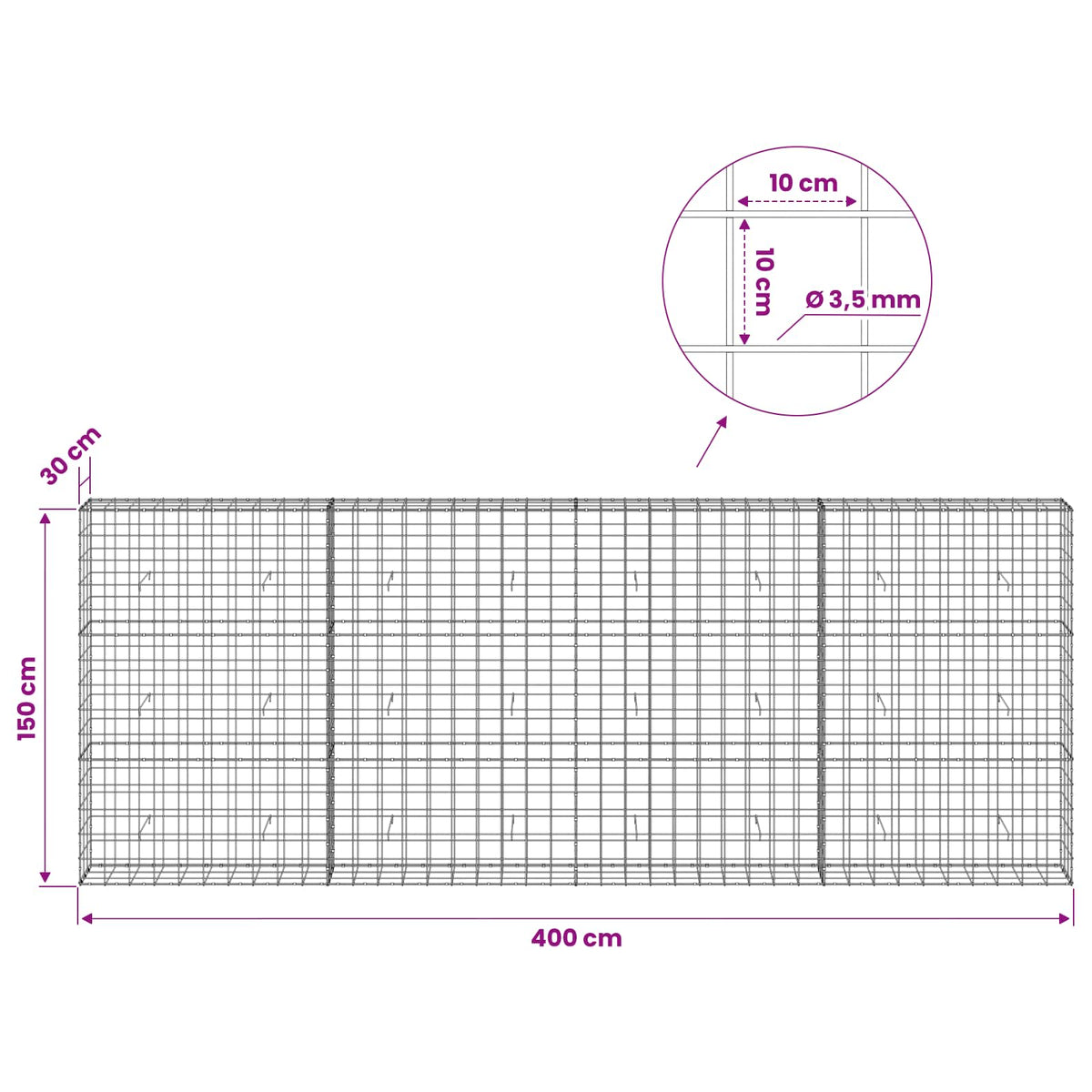 vidaXL Gabion z drutu 3,5 mm i siatką 10x10 cm 400x30x150 cm