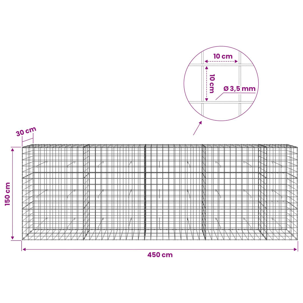 vidaXL Gabion z drutu 3,5 mm i siatką 10x10 cm 450x30x150 cm