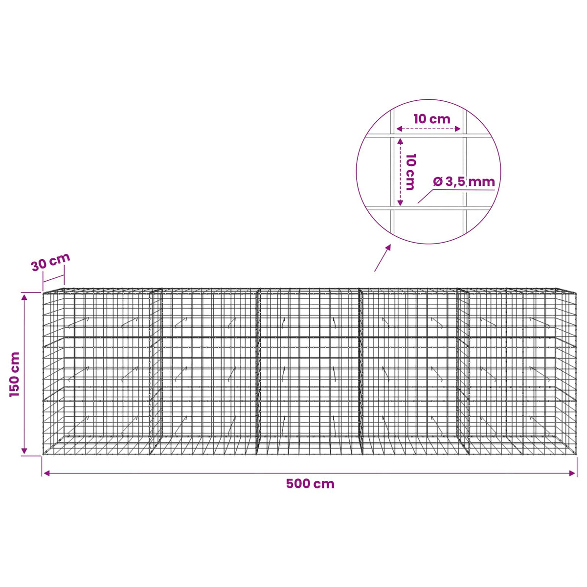vidaXL Gabion z drutu 3,5 mm i siatką 10x10 cm 500x30x150 cm