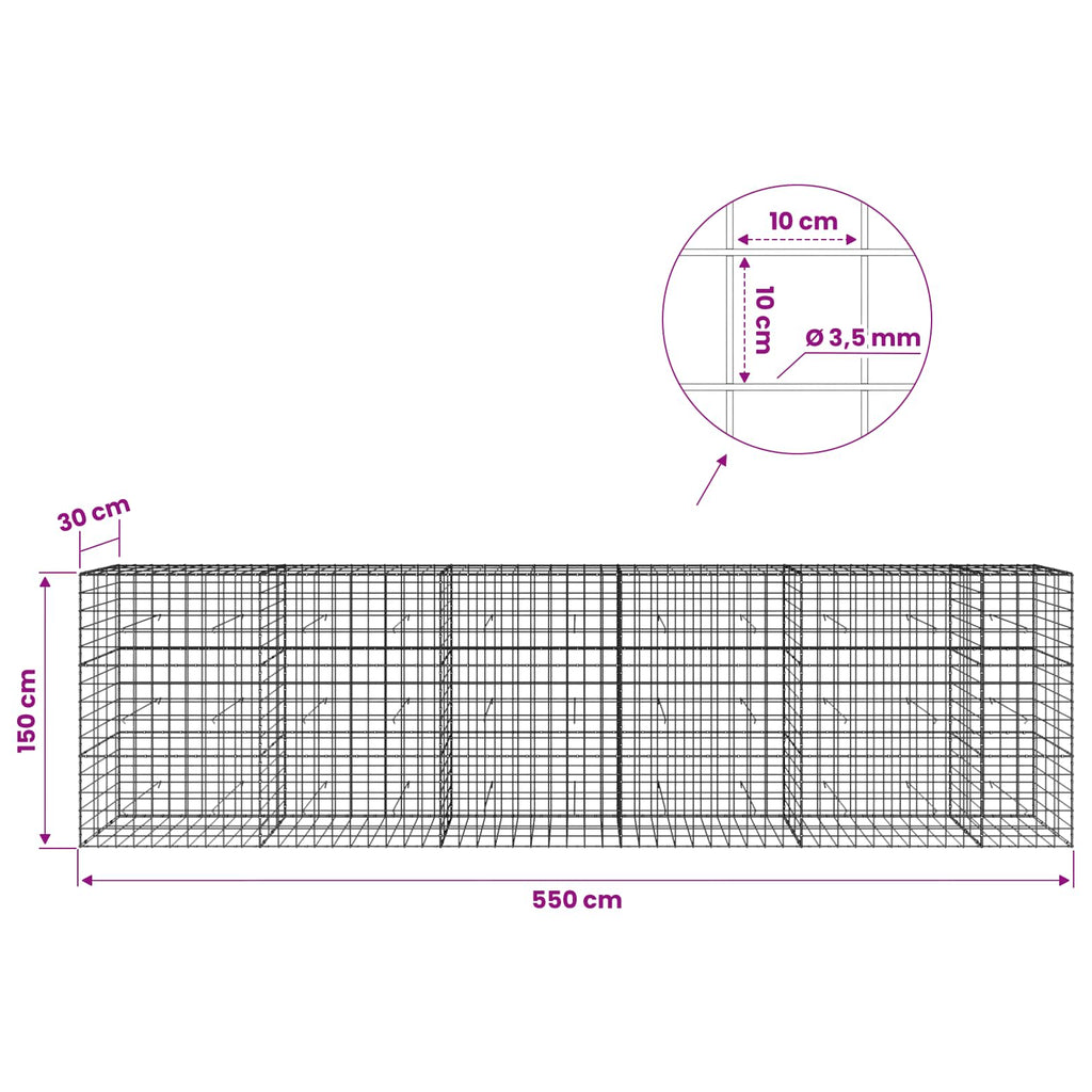 vidaXL Gabion z drutu 3,5 mm i siatką 10x10 cm 550x30x150 cm
