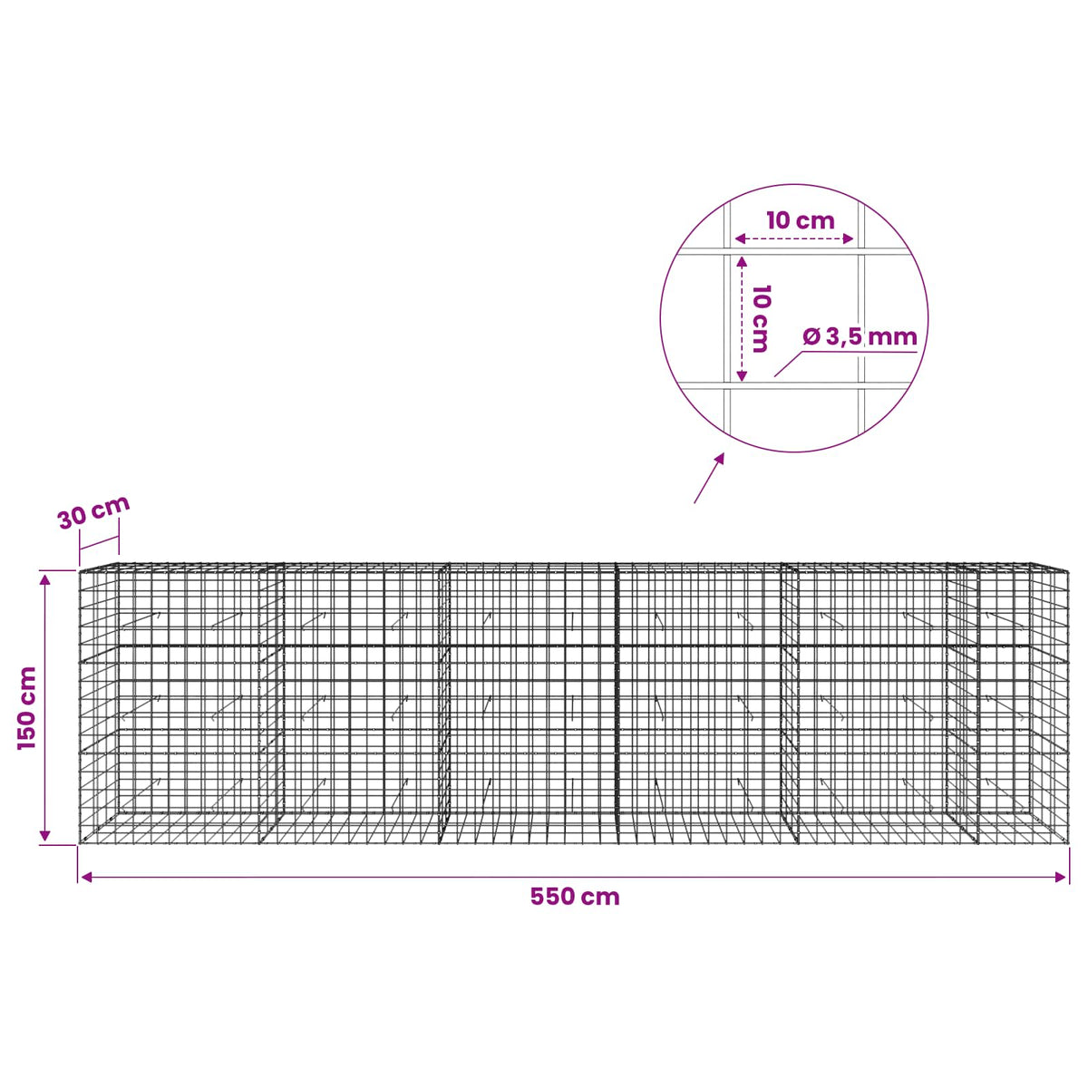 vidaXL Gabion z drutu 3,5 mm i siatką 10x10 cm 550x30x150 cm