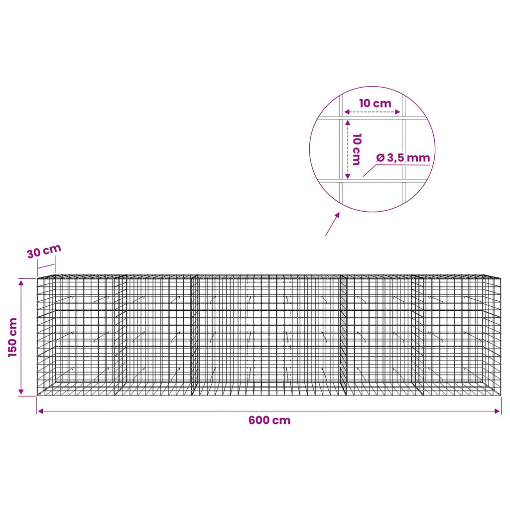 vidaXL Gabion z drutu 3,5 mm i siatką 10x10 cm 600x30x150 cm