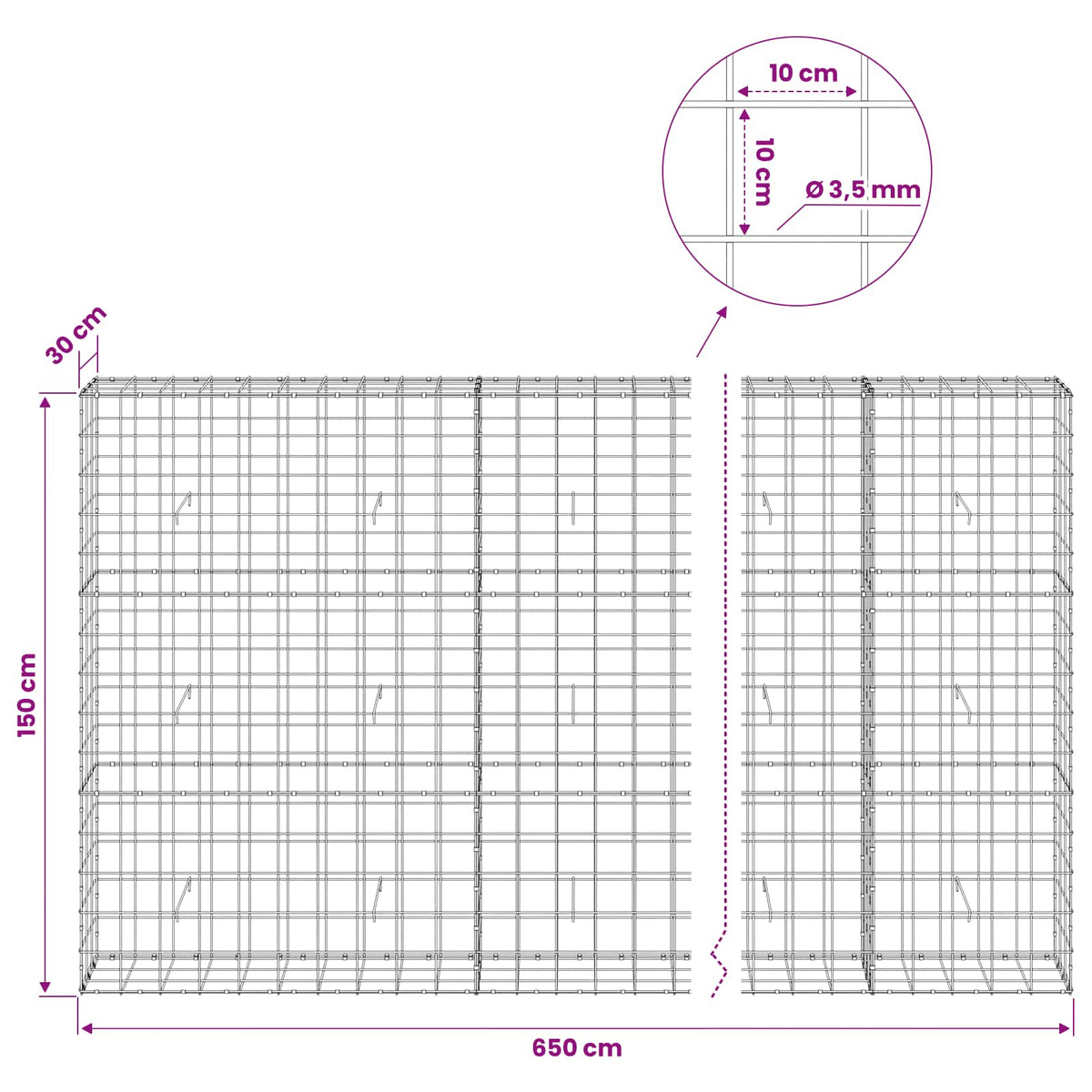 vidaXL Gabion z drutu 3,5 mm i siatką 10x10 cm 650x30x150 cm