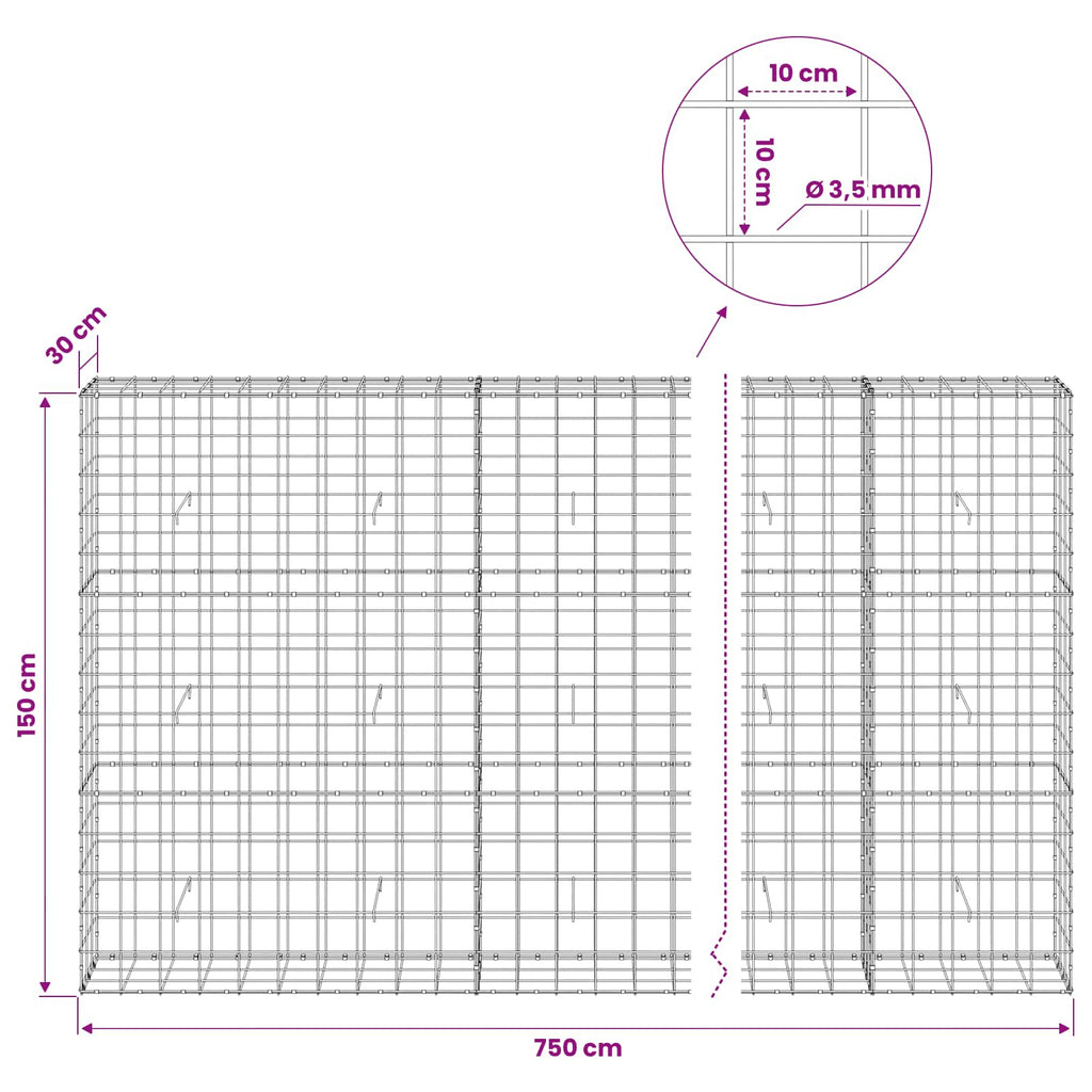 vidaXL Gabion z drutu 3,5 mm i siatką 10x10 cm 750x30x150 cm