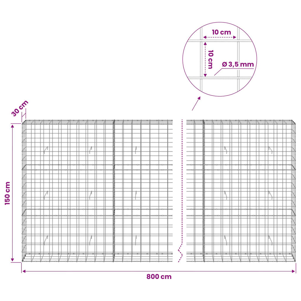 vidaXL Gabion z drutu 3,5 mm i siatką 10x10 cm 800x30x150 cm