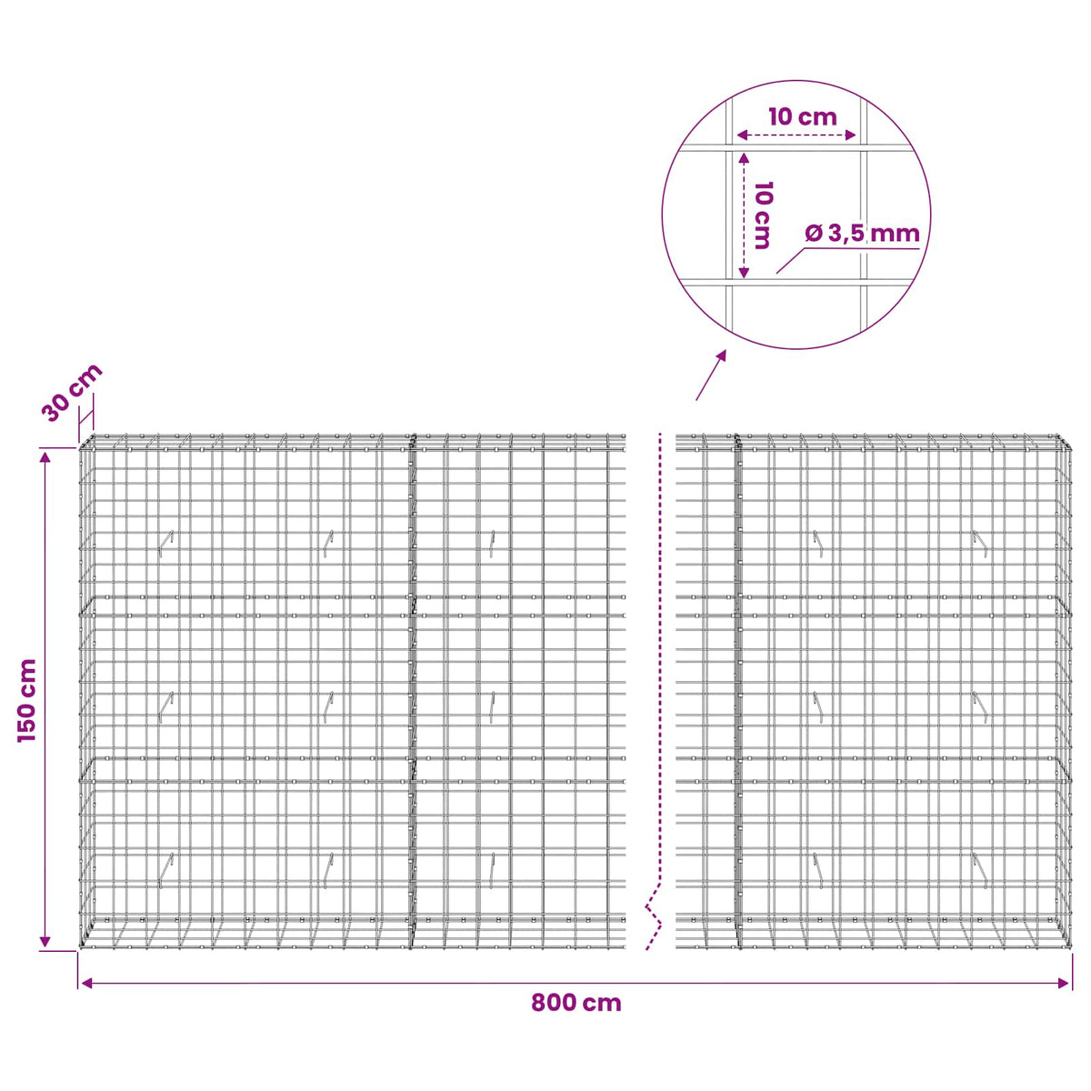 vidaXL Gabion z drutu 3,5 mm i siatką 10x10 cm 800x30x150 cm