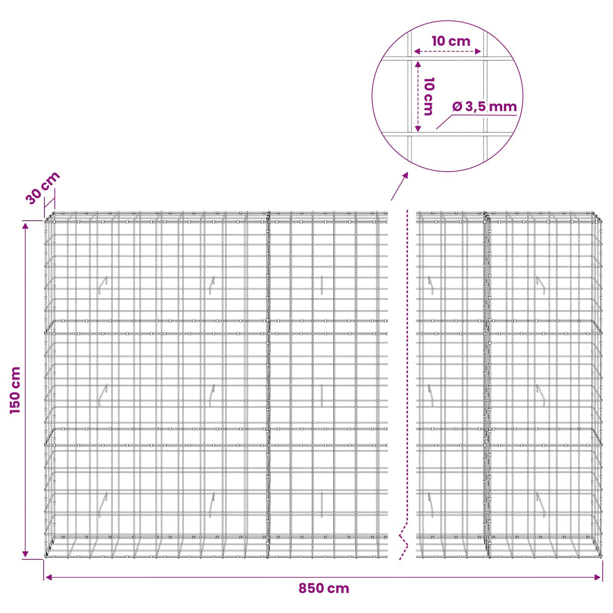 vidaXL Gabion z drutu 3,5 mm i siatką 10x10 cm 850x30x150 cm