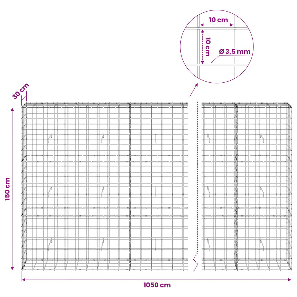 vidaXL Gabion z drutu 3,5 mm i siatką 10x10 cm 1050x30x150 cm