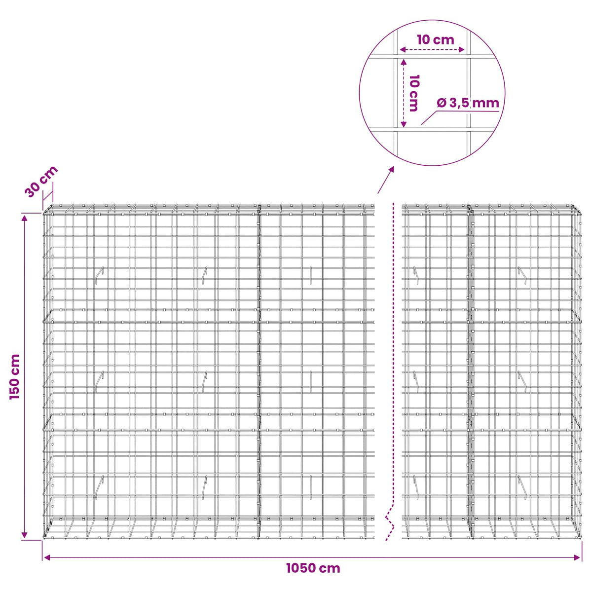 vidaXL Gabion z drutu 3,5 mm i siatką 10x10 cm 1050x30x150 cm