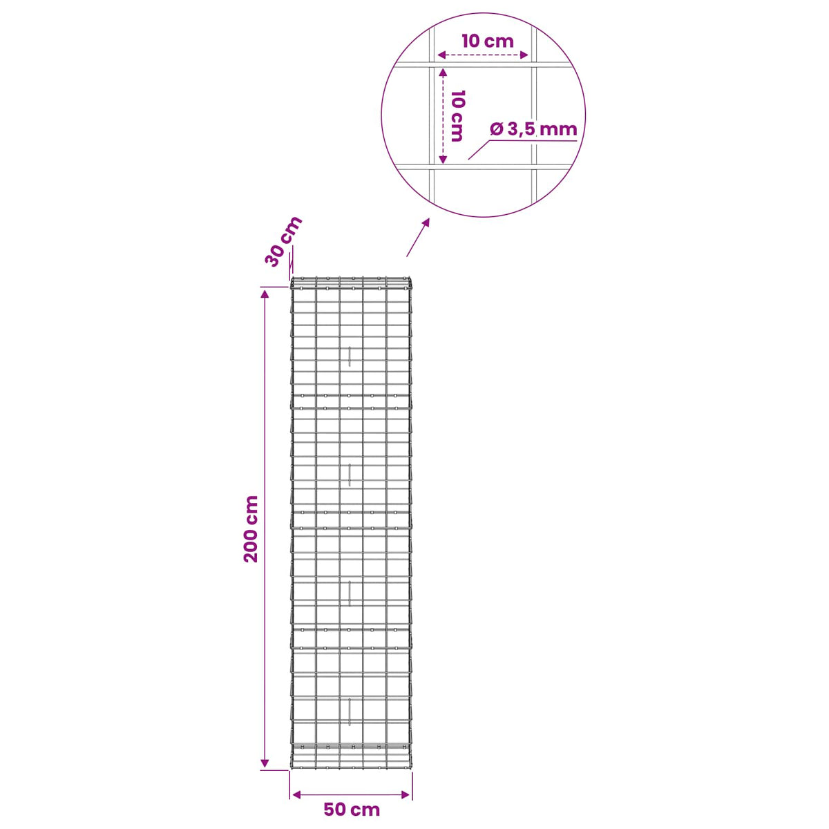 vidaXL Gabion z drutu 3,5 mm i siatką 10x10 cm 50x30x200 cm