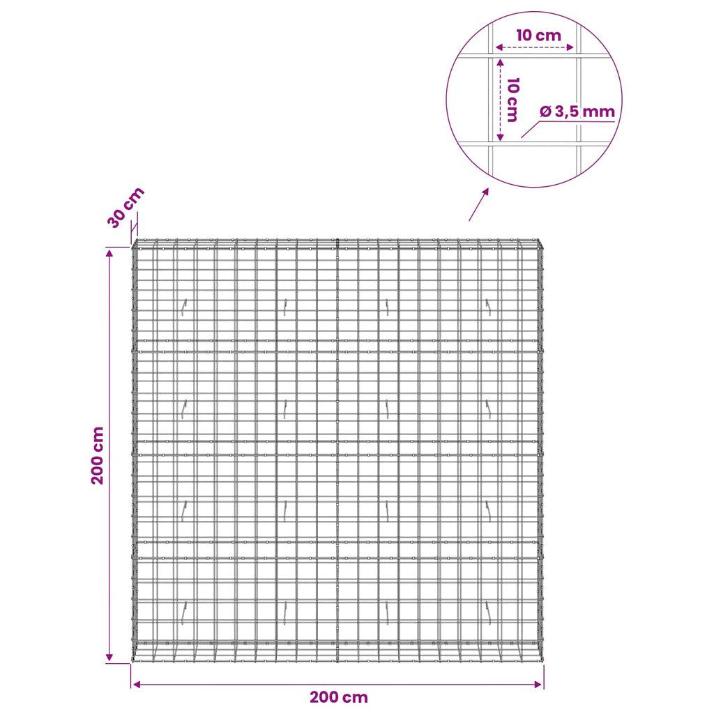 vidaXL Gabion z drutu 3,5 mm i siatką 10x10 cm 200x30x200 cm