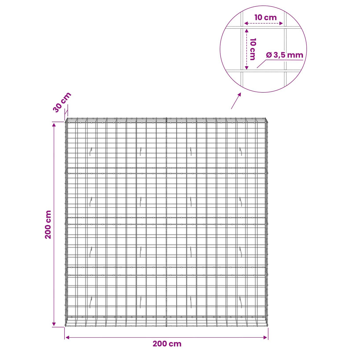 vidaXL Gabion z drutu 3,5 mm i siatką 10x10 cm 200x30x200 cm