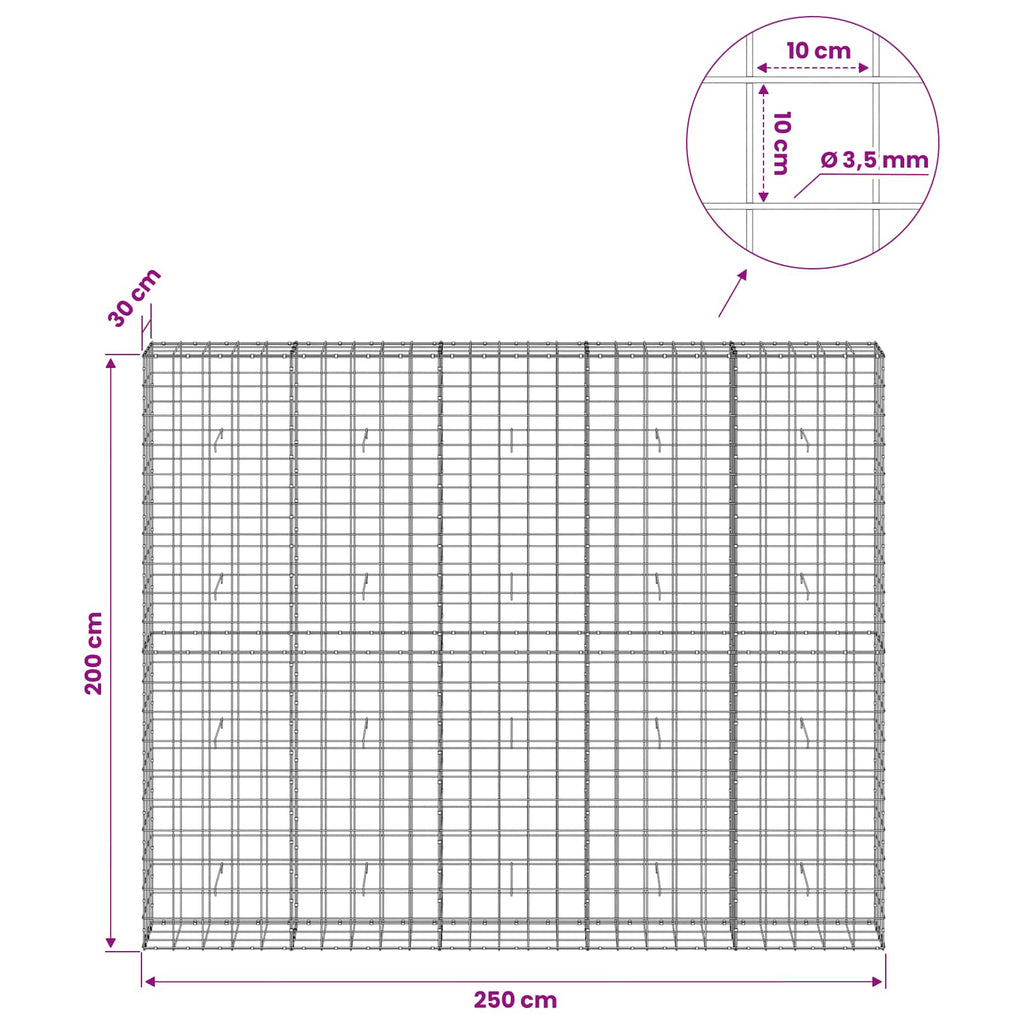 vidaXL Gabion z drutu 3,5 mm i siatką 10x10 cm 250x30x200 cm