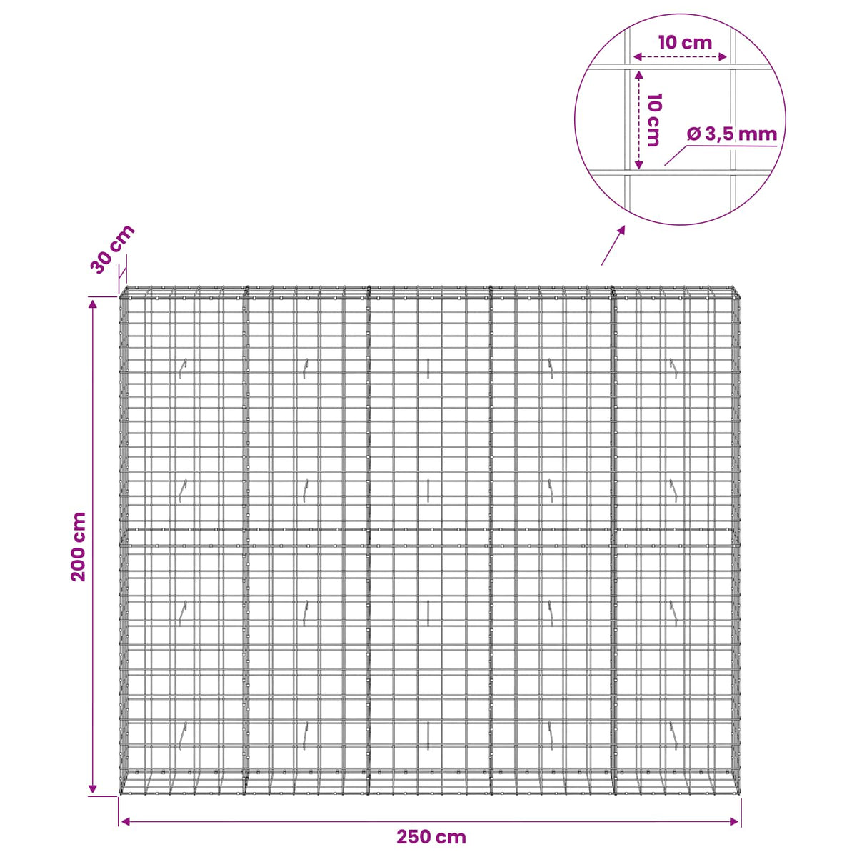 vidaXL Gabion z drutu 3,5 mm i siatką 10x10 cm 250x30x200 cm