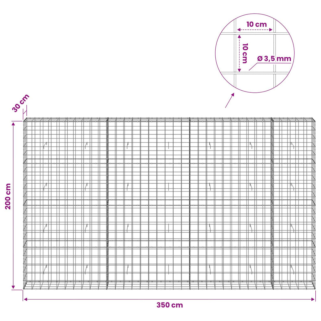 vidaXL Gabion z drutu 3,5 mm i siatką 10x10 cm 350x30x200 cm