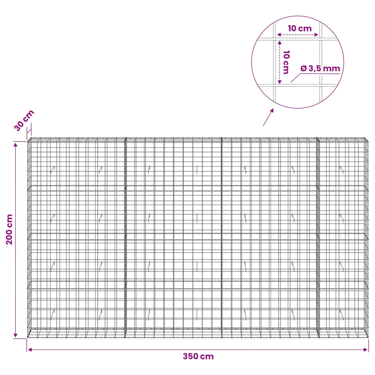 vidaXL Gabion z drutu 3,5 mm i siatką 10x10 cm 350x30x200 cm