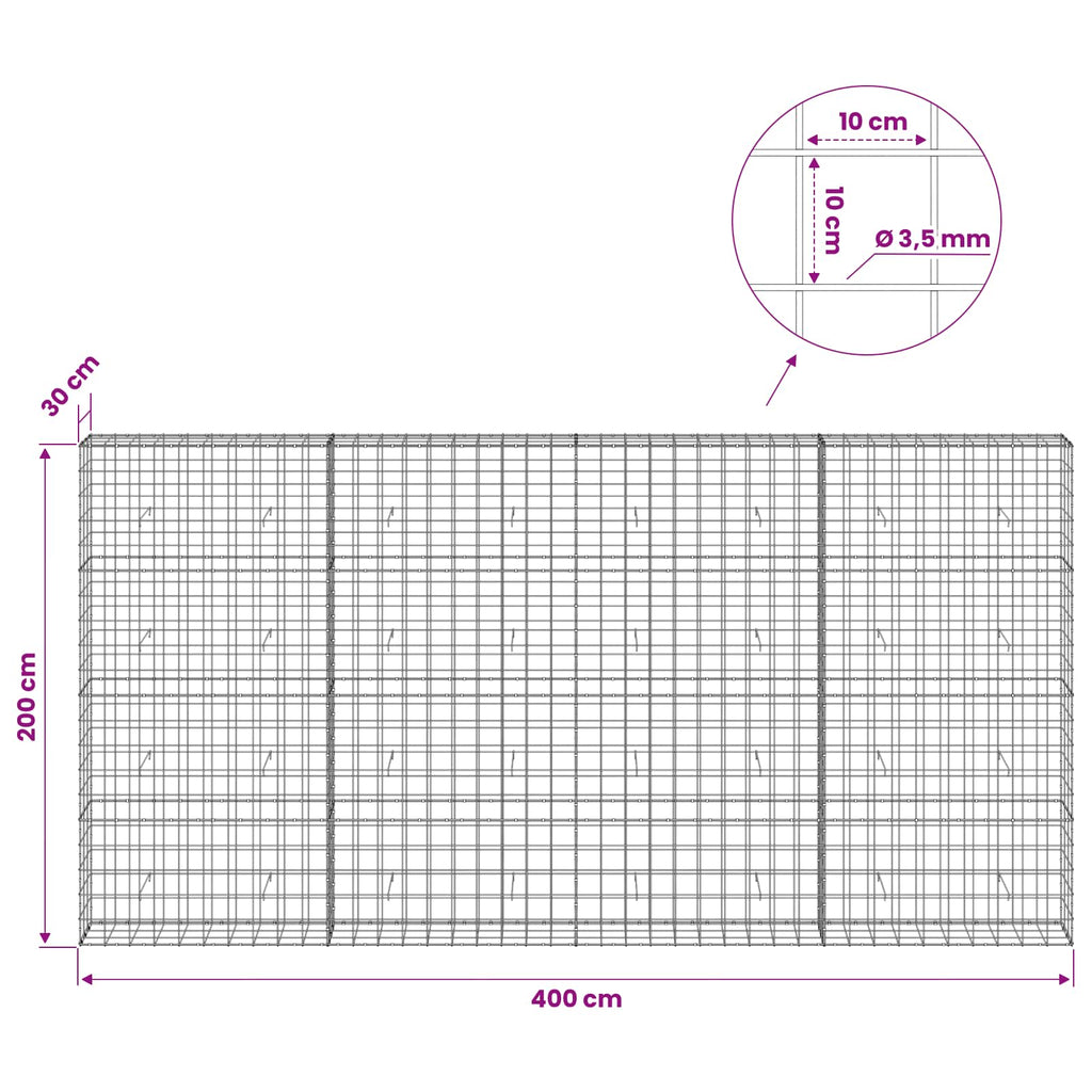 vidaXL Gabion z drutu 3,5 mm i siatką 10x10 cm 400x30x200 cm