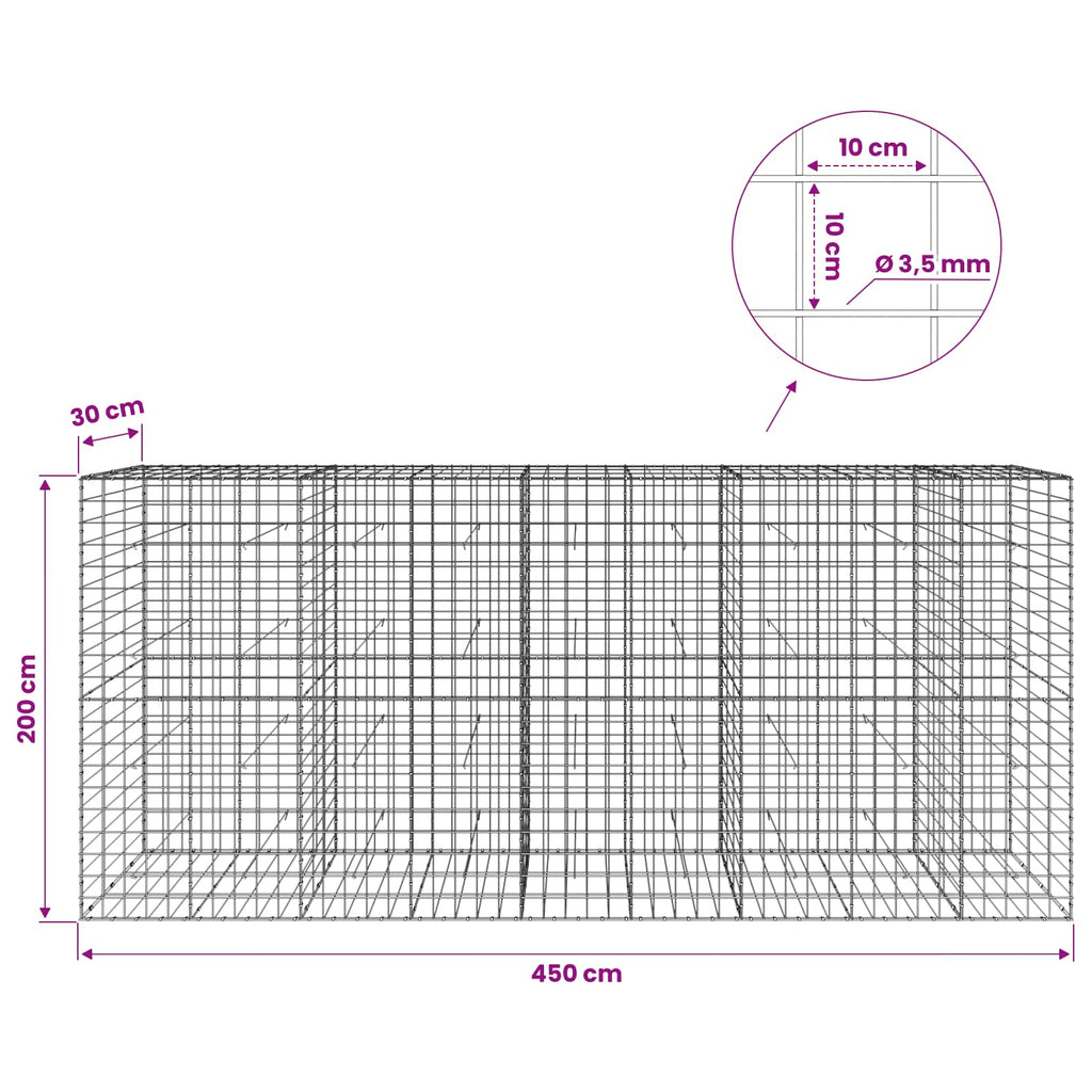 vidaXL Gabion z drutu 3,5 mm i siatką 10x10 cm 450x30x200 cm