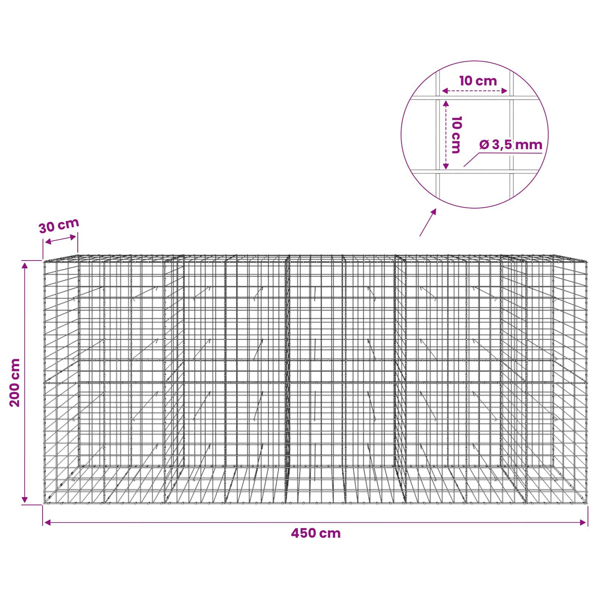 vidaXL Gabion z drutu 3,5 mm i siatką 10x10 cm 450x30x200 cm