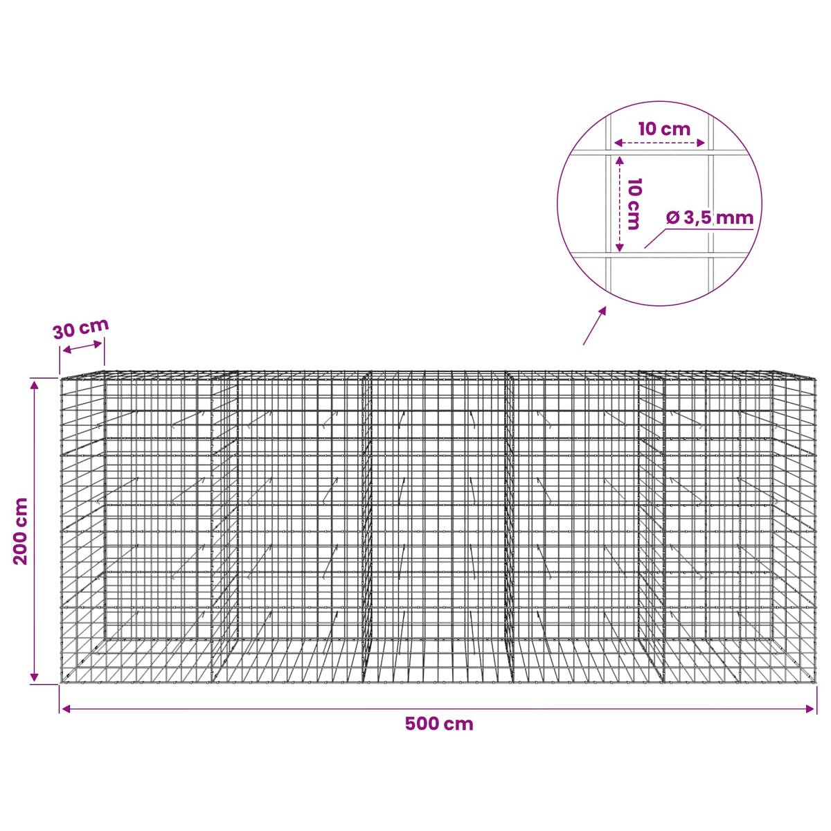 vidaXL Gabion z drutu 3,5 mm i siatką 10x10 cm 500x30x200 cm