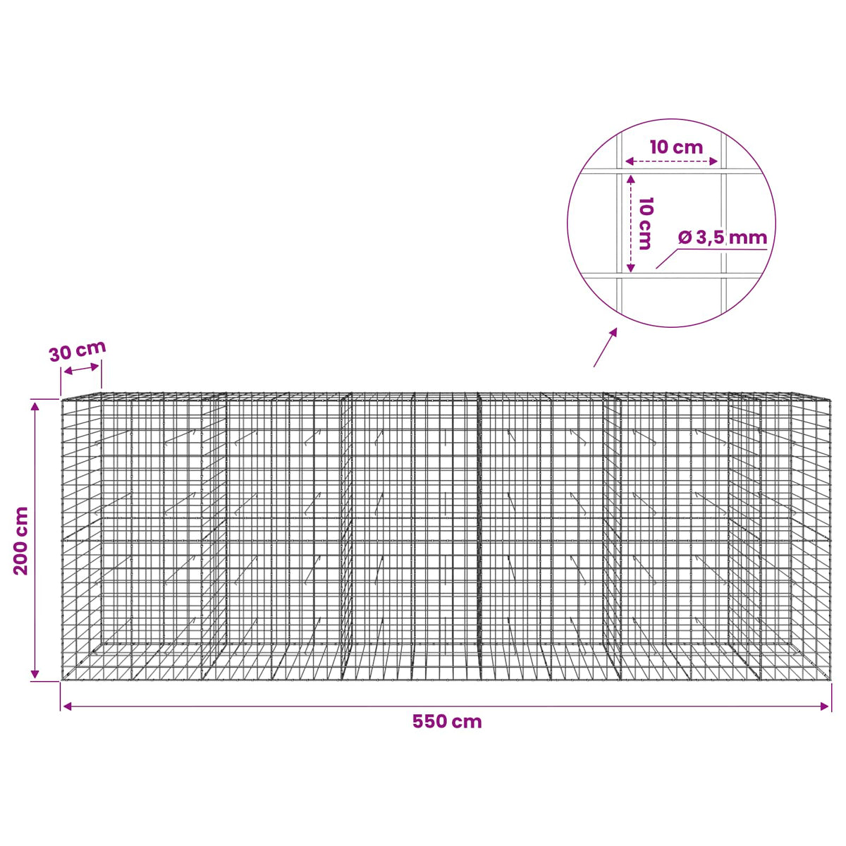 vidaXL Gabion z drutu 3,5 mm i siatką 10x10 cm 550x30x200 cm