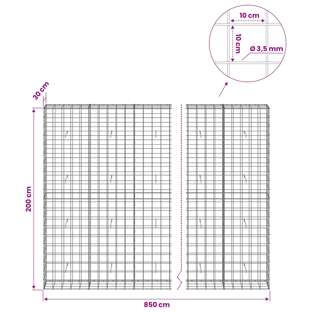 vidaXL Gabion z drutu 3,5 mm i siatką 10x10 cm 850x30x200 cm