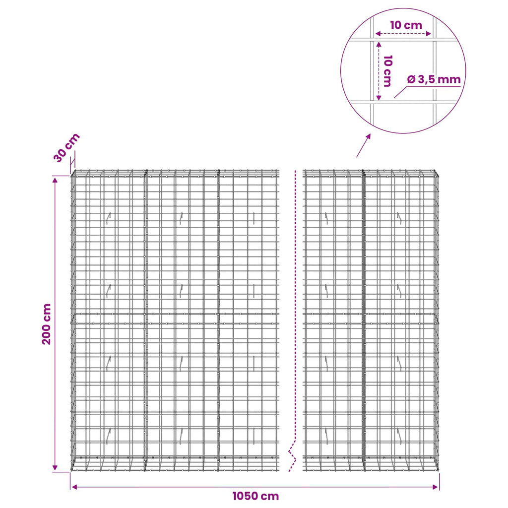 vidaXL Gabion z drutu 3,5 mm i siatką 10x10 cm 1050x30x200 cm