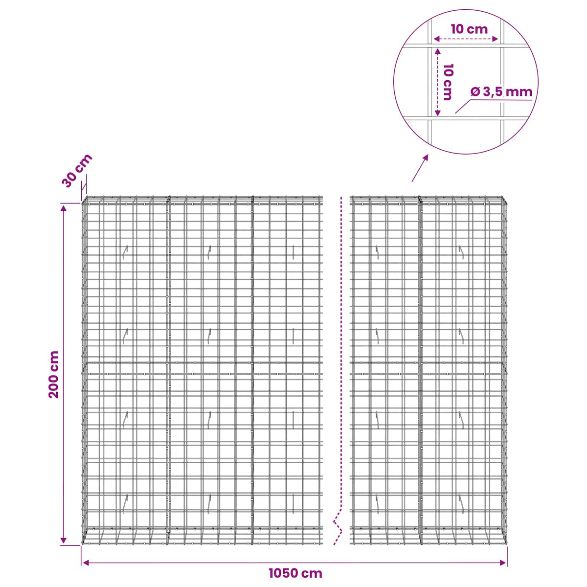 vidaXL Gabion z drutu 3,5 mm i siatką 10x10 cm 1050x30x200 cm