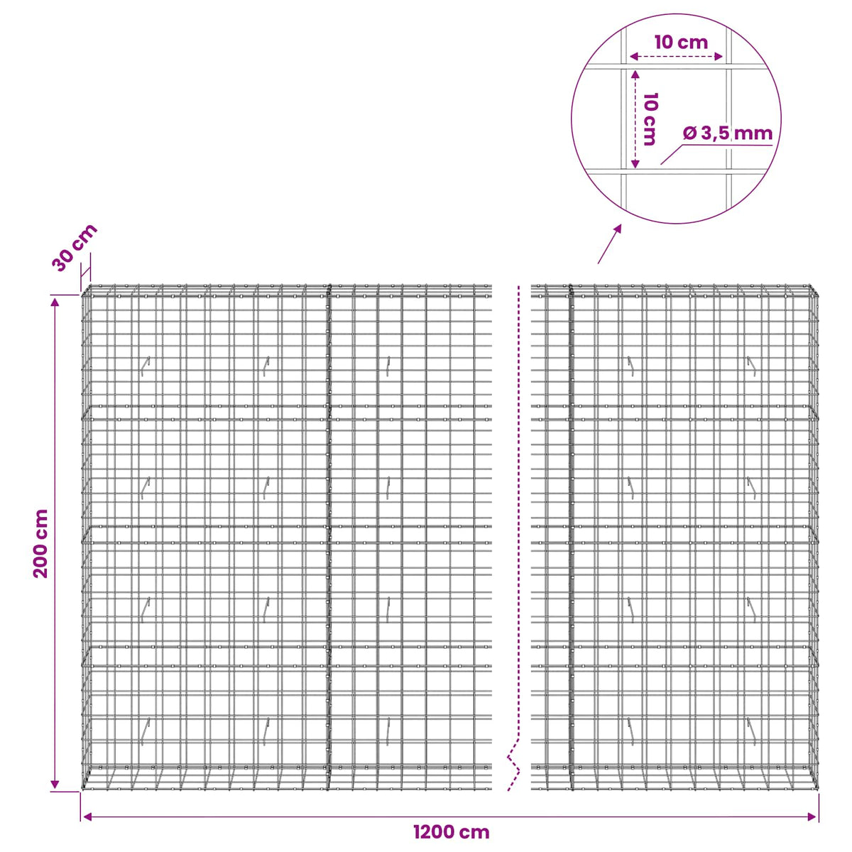 vidaXL Gabion z drutu 3,5 mm i siatką 10x10 cm 1200x30x200 cm