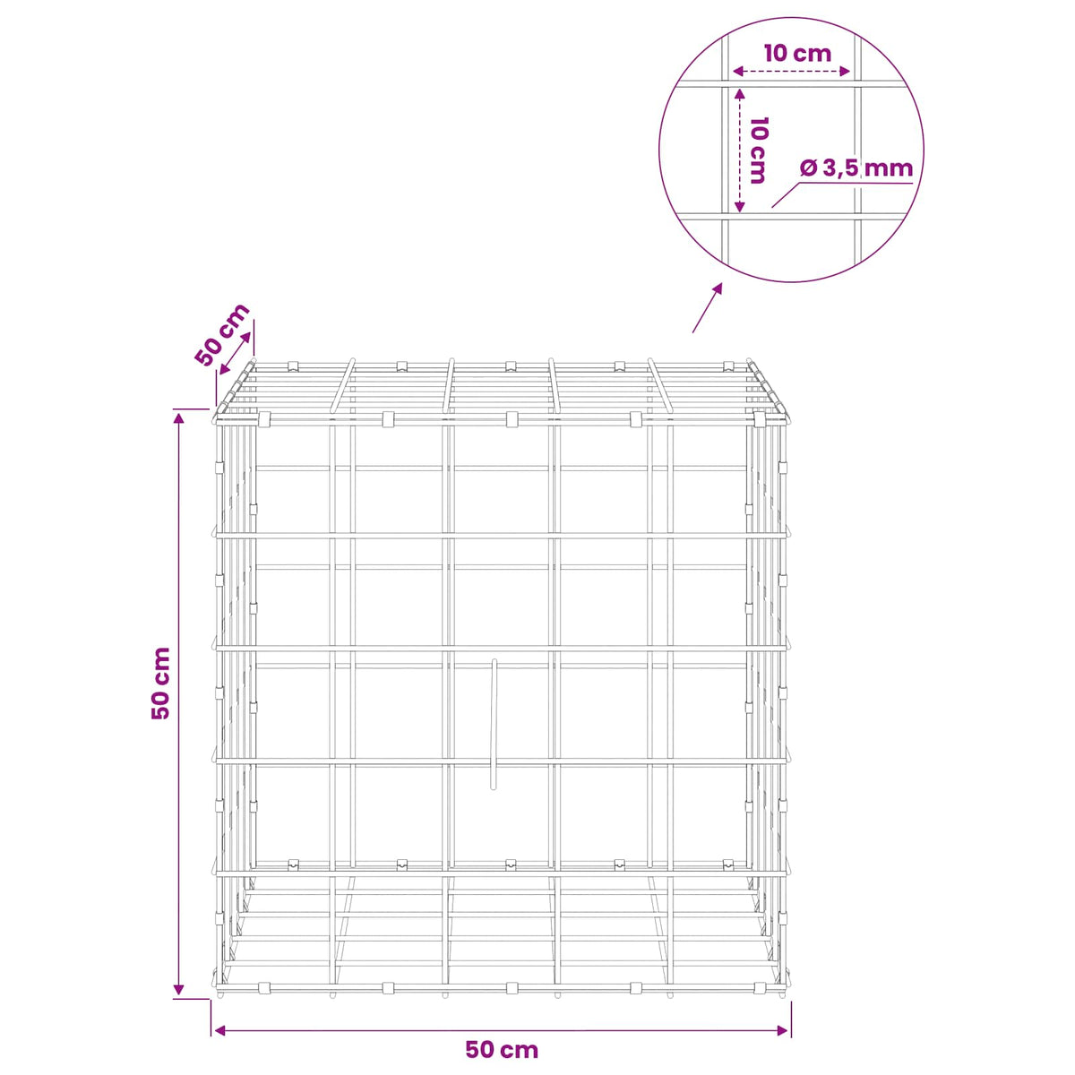 vidaXL Gabion z drutu 3,5 mm i siatką 10x10 cm 50x50x50 cm