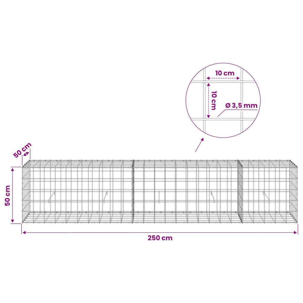 vidaXL Gabion z drutu 3,5 mm i siatką 10x10 cm 250x50x50 cm